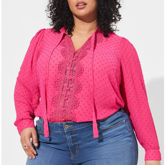 Torrid 2 (2x 18/20) Sexy Hot Pink Chiffon Clip Dot Tie Neck Secretary Blouse Top - Picture 2 of 3